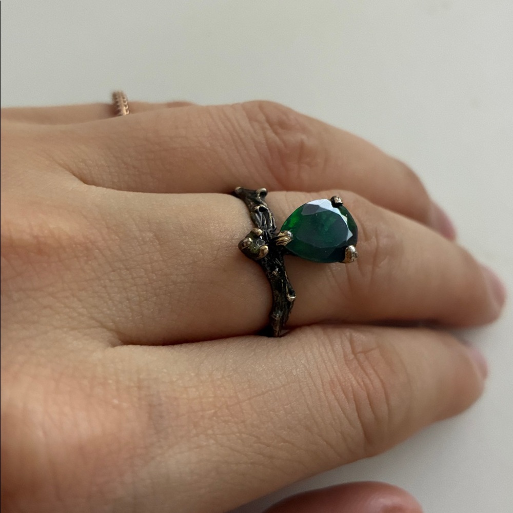 Black opal  Green Teardrop Ring